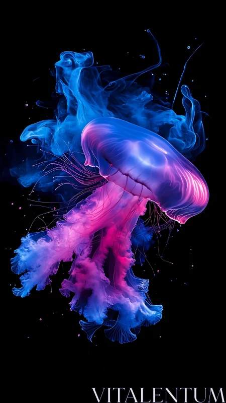 Neon jellyfish drifts through luminous blue pink vapor.