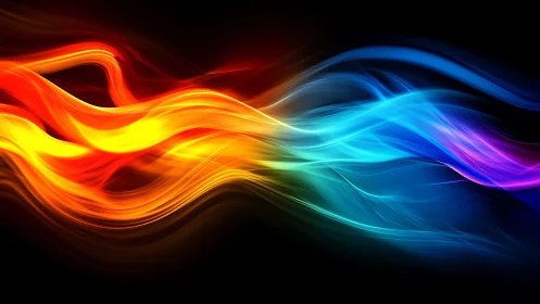 Digital painting of flowing prismatic light waves on black ground.