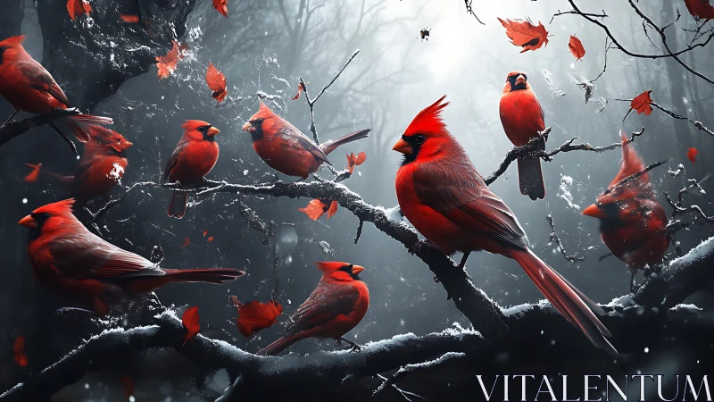 Vivid Red Cardinals on Snowy Branches in Dramatic Winter Forest.