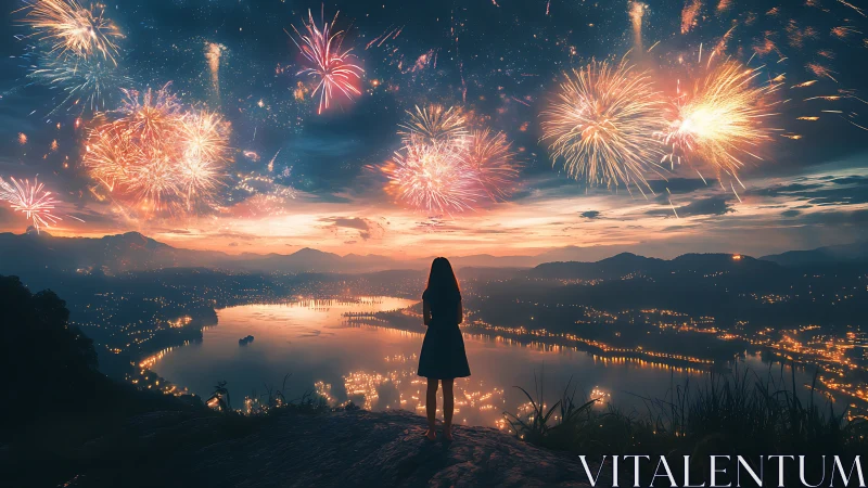 Girl watching fireworks over glowing lakeside city at dusk.