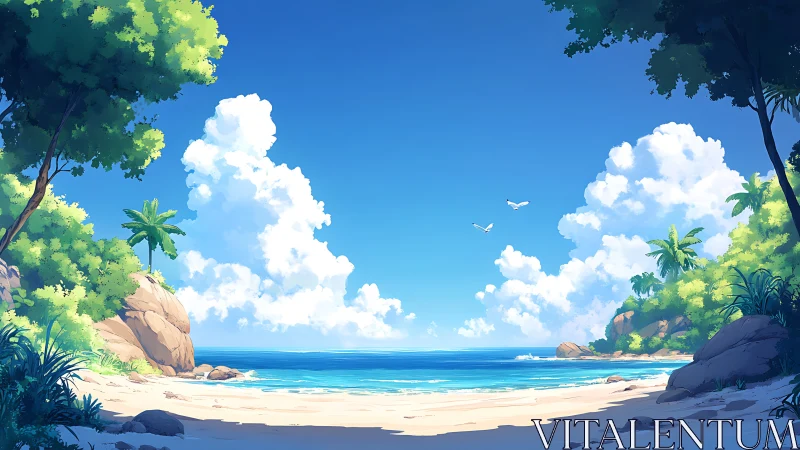 Tropical Beach Cove with Turquoise Waters and Palm Trees.