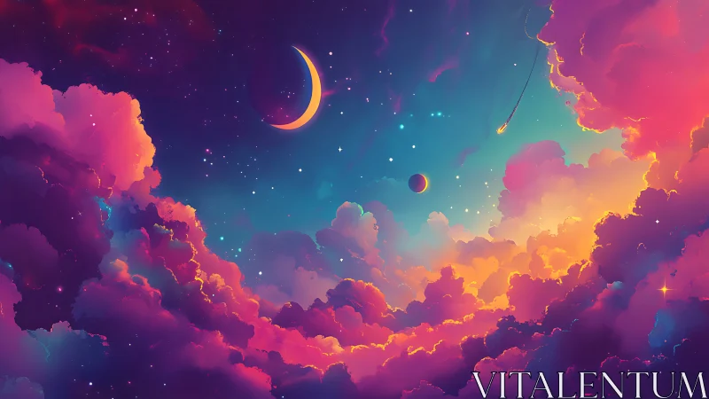 Crescent moon over colorful nebula clouds in night sky