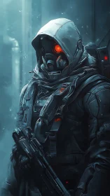 Hooded cyber soldier with glowing visor in icy corridor.