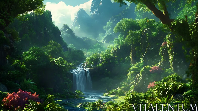 Digital landscape rendering depicting stratified ravine ecosystem with cascading water feature and a