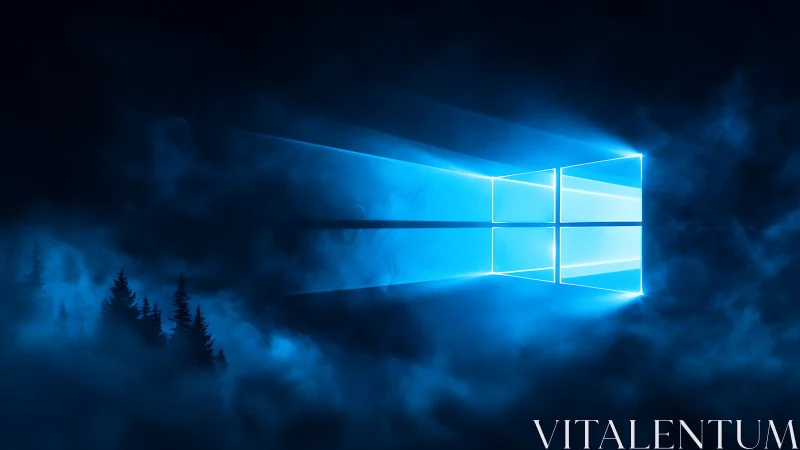 Glowing window logo projects blue light through dense fog