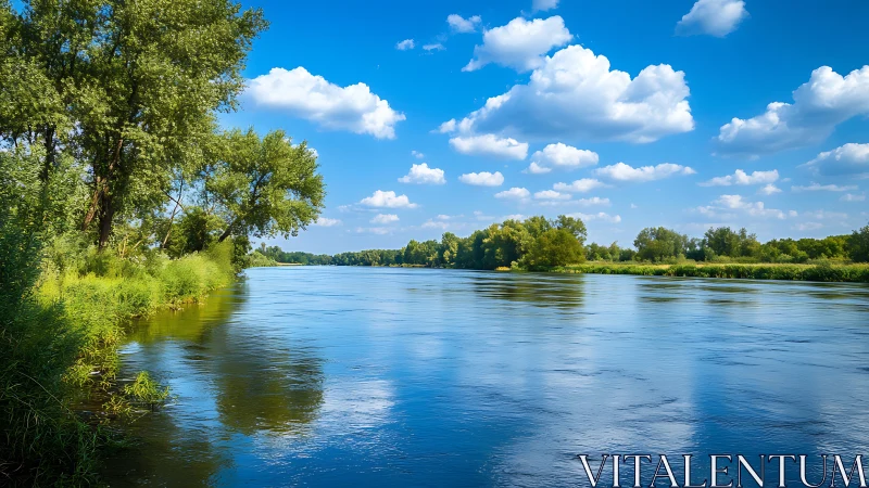 River mirrors roaming clouds while summer trees lean closer