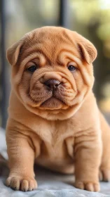 Sharpei type puppy portrait indoors with soft daylight.