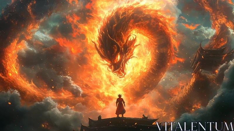 Fiery dragon coils above lone warrior on rooftop.