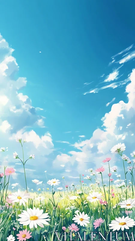 Sunlit wildflower meadow under expansive cyan sky panorama.