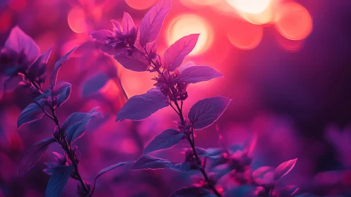 Leafy plant silhouette with magenta and orange bokeh field.