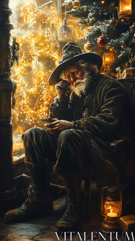 Weathered old man reflects beside glowing Christmas tree.