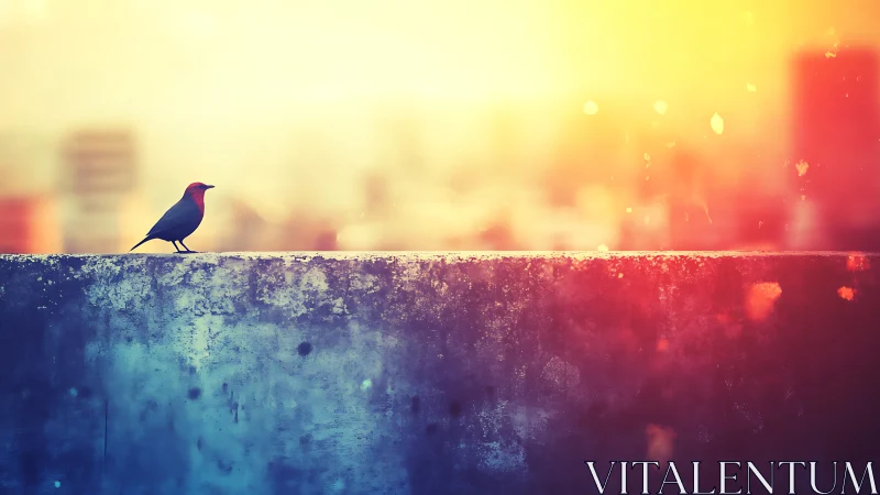 Solitary rooftop bird soaking in a molten city sunrise glow.