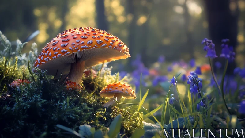 Fly agaric mushrooms amid moss and soft forest light.