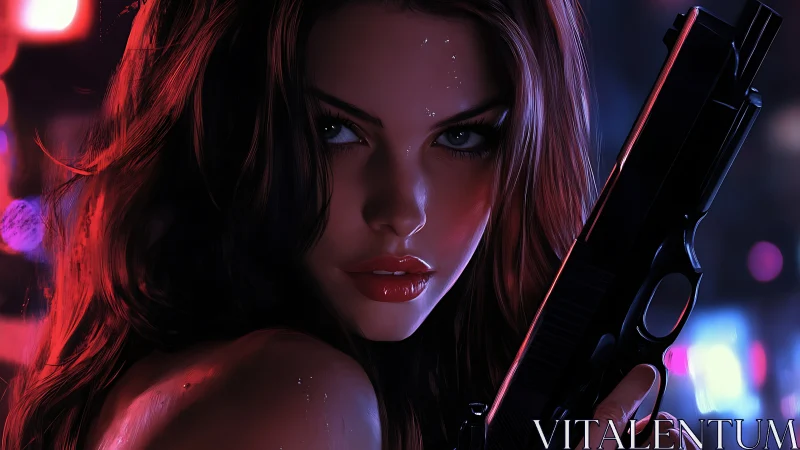 Neon-soaked vigilante with pistol in intense close-up portrait.