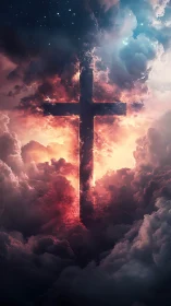 Vertical celestial cross rendered in luminous storm clouds.