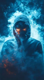 Mysterious hooded figure glows with fire and swirling smoke