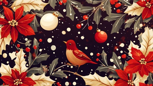 Festive red bird amid poinsettias, holly, and ornaments.