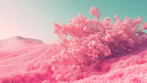 Dreamy pink hillside blossoming under soft pastel skies.