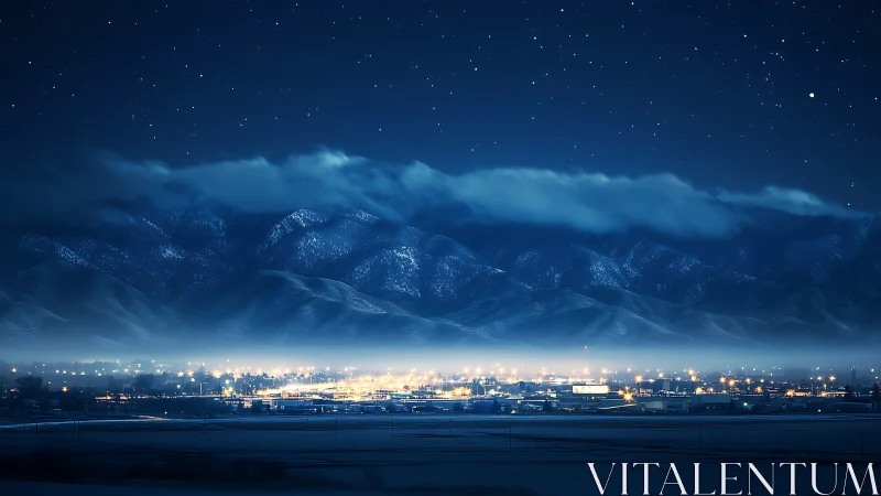 Mountain city skyline under deep blue starlit winter sky