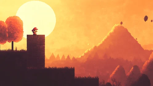 Little adventurer pausing on a sunset-lit pixel hilltop.