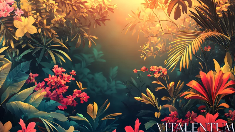 Tropical Garden Sunset with Vibrant Flowers and Palm Fronds