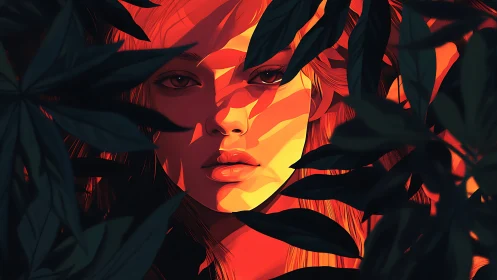 Female face framed by foliage in hard orange lighting