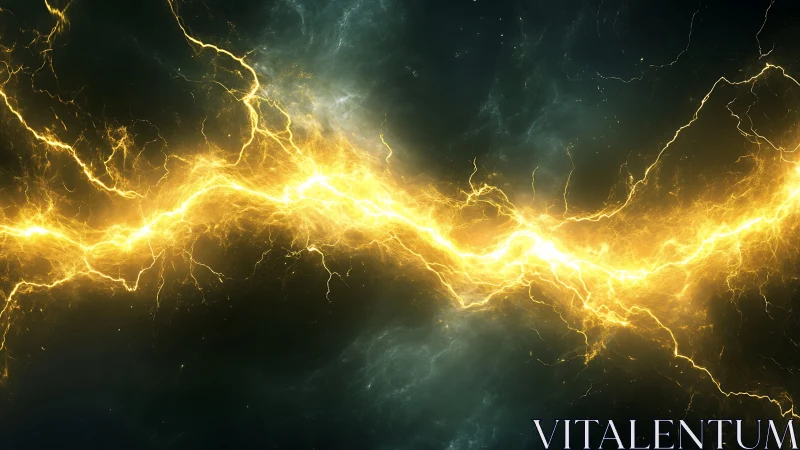 Golden plasma lightning splits a storm-dark cosmic void.
