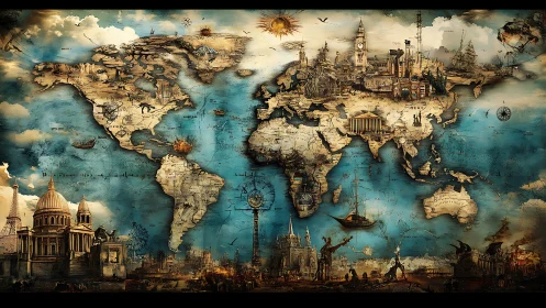 Steampunk world map with iconic cities and antique seas.