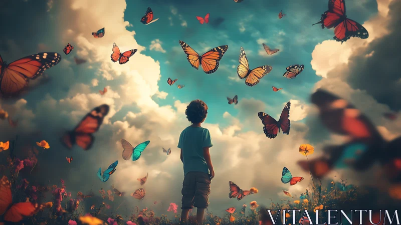 Child stands in enchanted meadow as vivid butterflies soar.