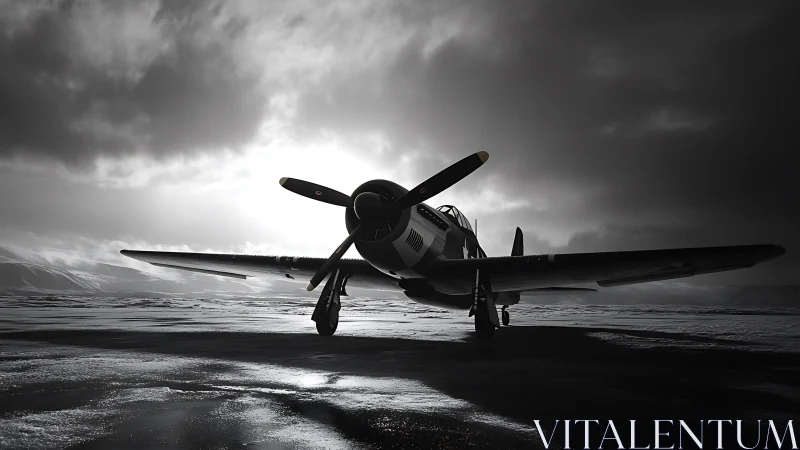 World War II fighter aircraft rests on frozen airfield at dawn