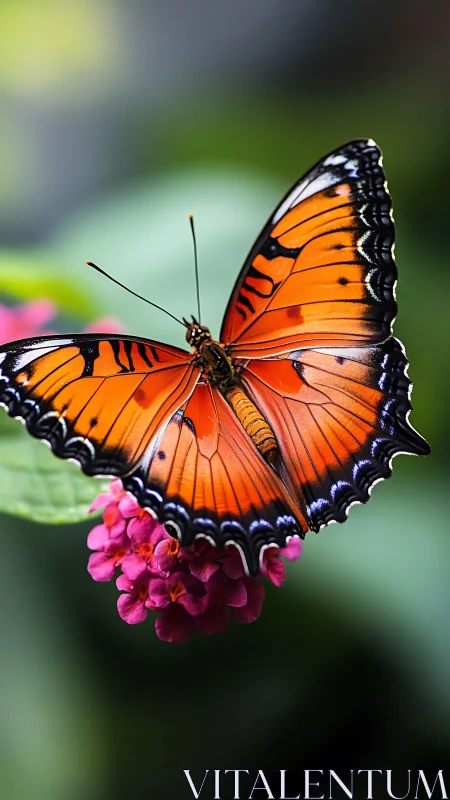 High-magnification dorsal view of orange butterfly on pink inflorescence