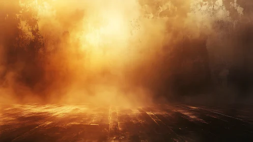 Empty wooden floor with dense golden atmospheric haze.