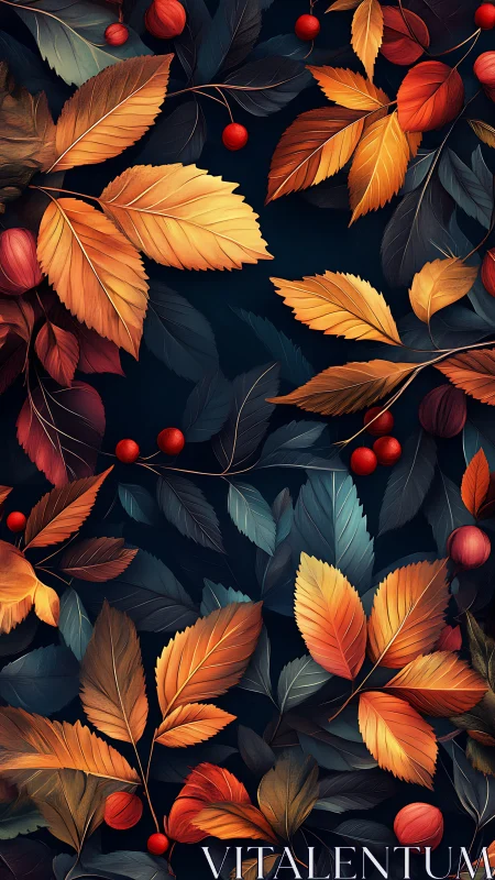 Autumn foliage pattern with berries on deep midnight blue background.