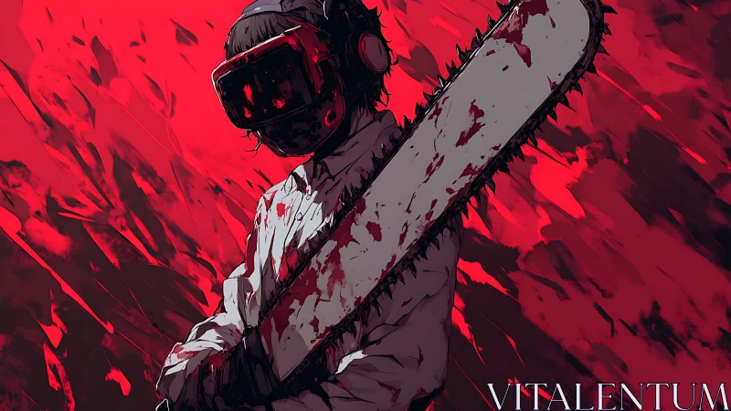 Bloodied VR-masked figure wielding chainsaw in red field