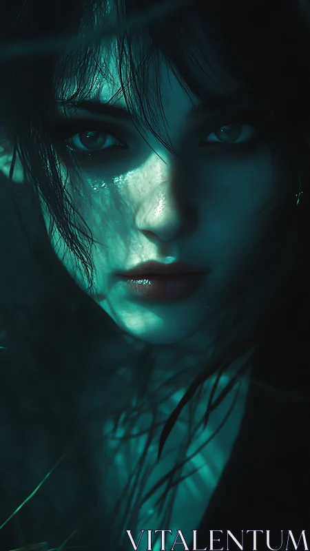 Cyan-lit female portrait renders cinematic nocturnal tension