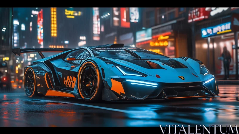 Hyperreal track-focused supercar in neon-soaked wet cityscape.