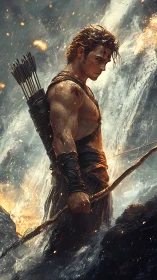 Elemental archer amid turbulent cascade and incandescent spray.