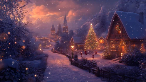 Snow-covered village street with illuminated Christmas tree at dusk