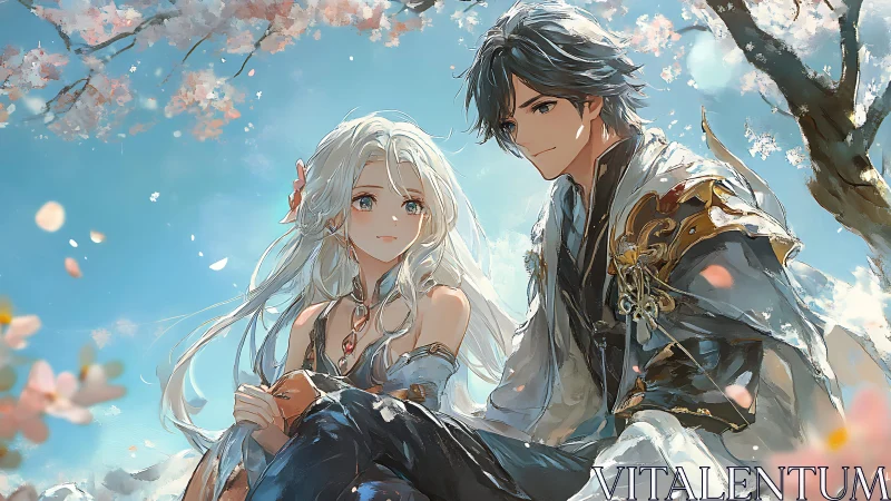 Romantic anime couple rest beneath blooming cherry blossoms.