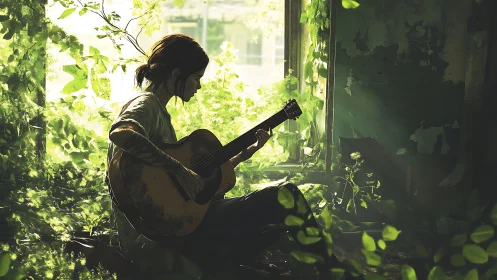 Young guitarist sits in overgrown ruined room with sunlight