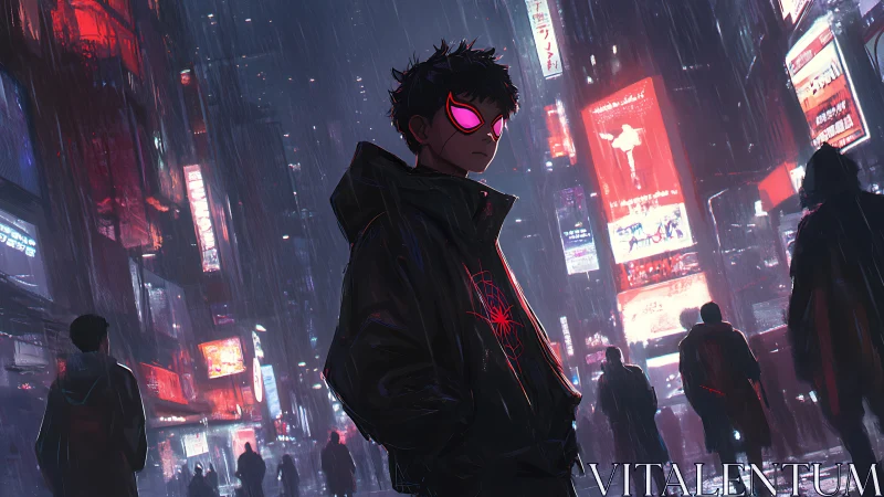 Hooded figure in neon city street under heavy rainfall at night.