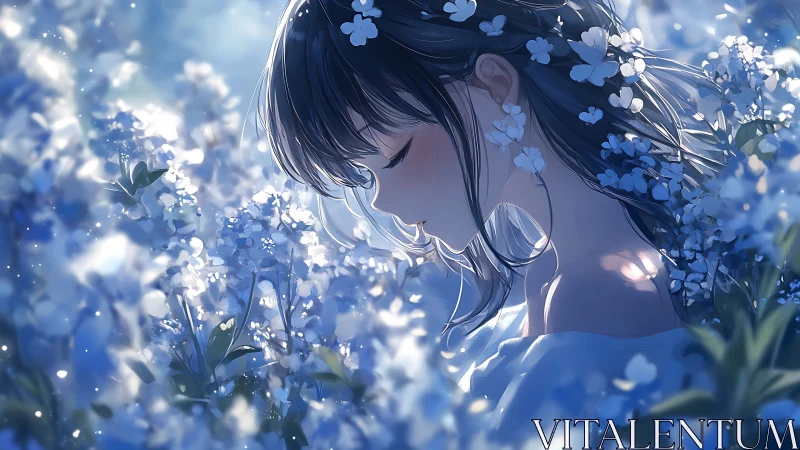 Moonlit daydream girl adrift in a sea of blue petals.