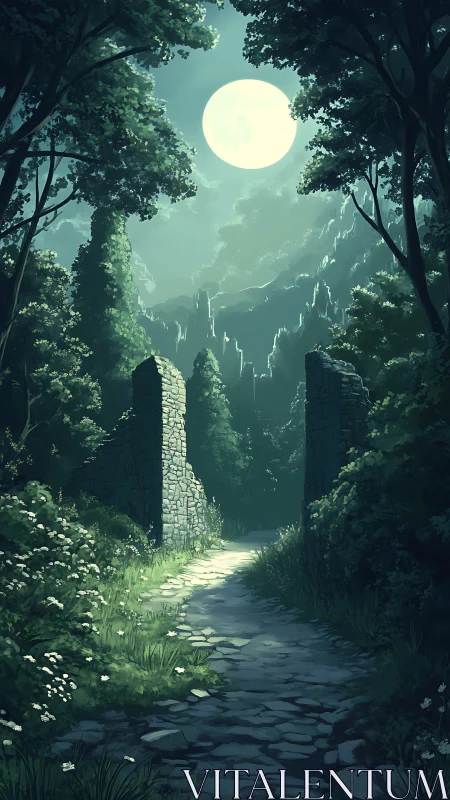 Moonlit Forest Path Between Ancient Stone Pillars