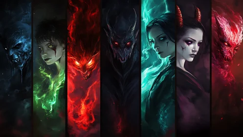 Elemental demon portraits in vertical spectral panels.