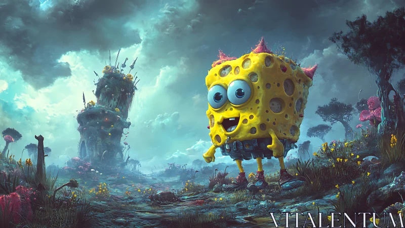 Mutated sponge creature exploring eerie alien meadowscape.