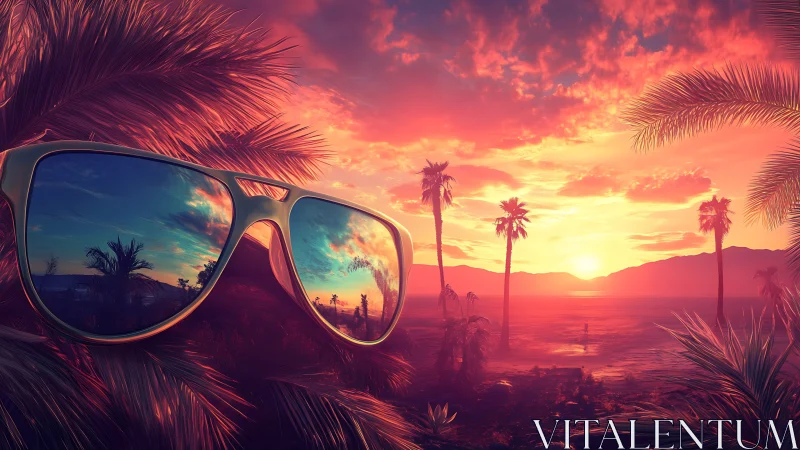 Digital painting of reflective sunglasses in neon sunset tropics.
