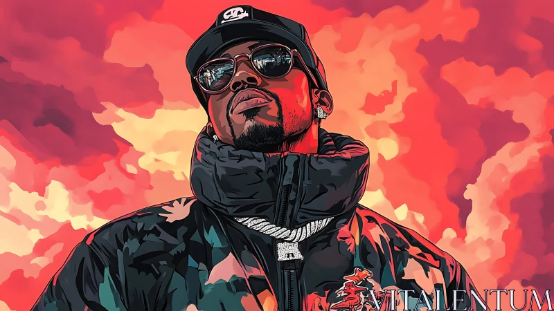 Confident streetwear star stands bold against a blazing sky