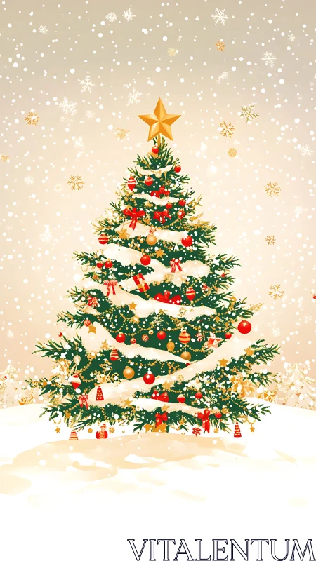 Snowy Christmas tree glows warmly in a golden twilight snowfall