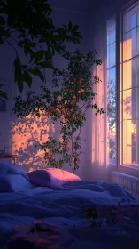 Sunlit bedroom interior with soft dusk foliage glow.