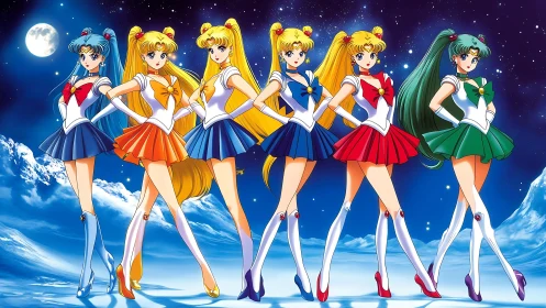 Cosmic sailor heroines standing strong under a glowing moon.